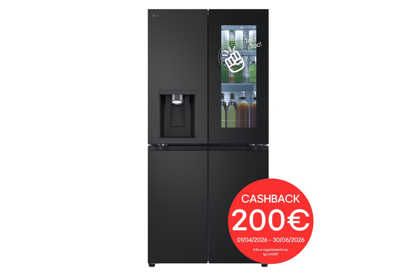 Vista frontale di Frigorifero Multidoor Slim InstaView | Classe E, 508L | Wi-Fi, Dispenser UVnano con allaccio, Metal Fresh, No frost | Nero GMG860EPBE